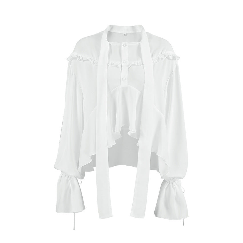 Small Stand Collar Drop-shoulder Sleeve Navel Lace Up Casual Shirt