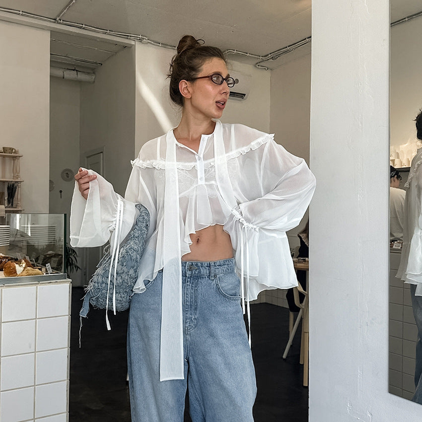 Small Stand Collar Drop-shoulder Sleeve Navel Lace Up Casual Shirt